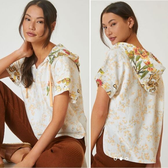 Anthropologie Daily Practice Emrbroidered Short Sleeves Hoodie - Picture 1 of 13